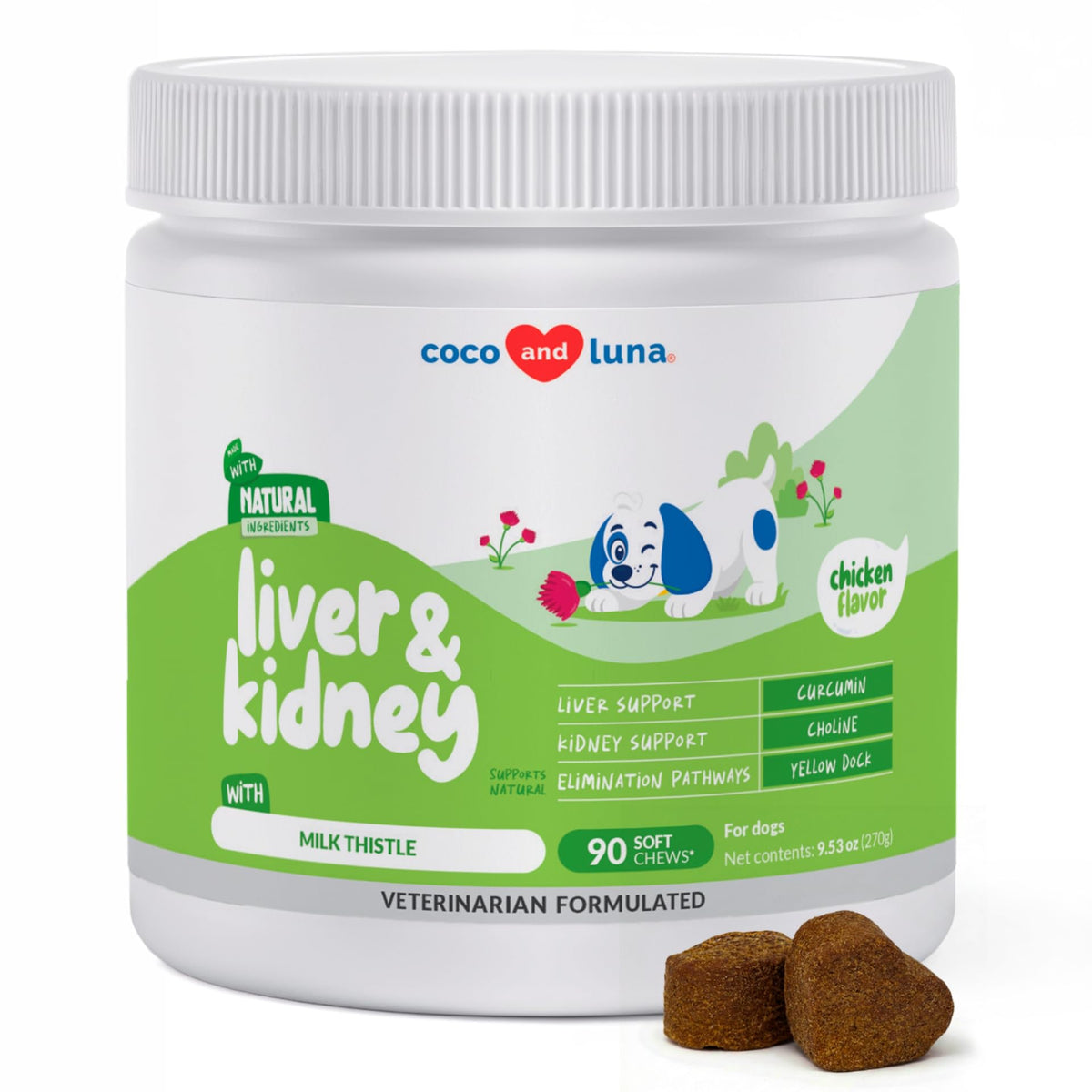 Coco and Luna empaque frontal mostrando masticables y beneficios claros