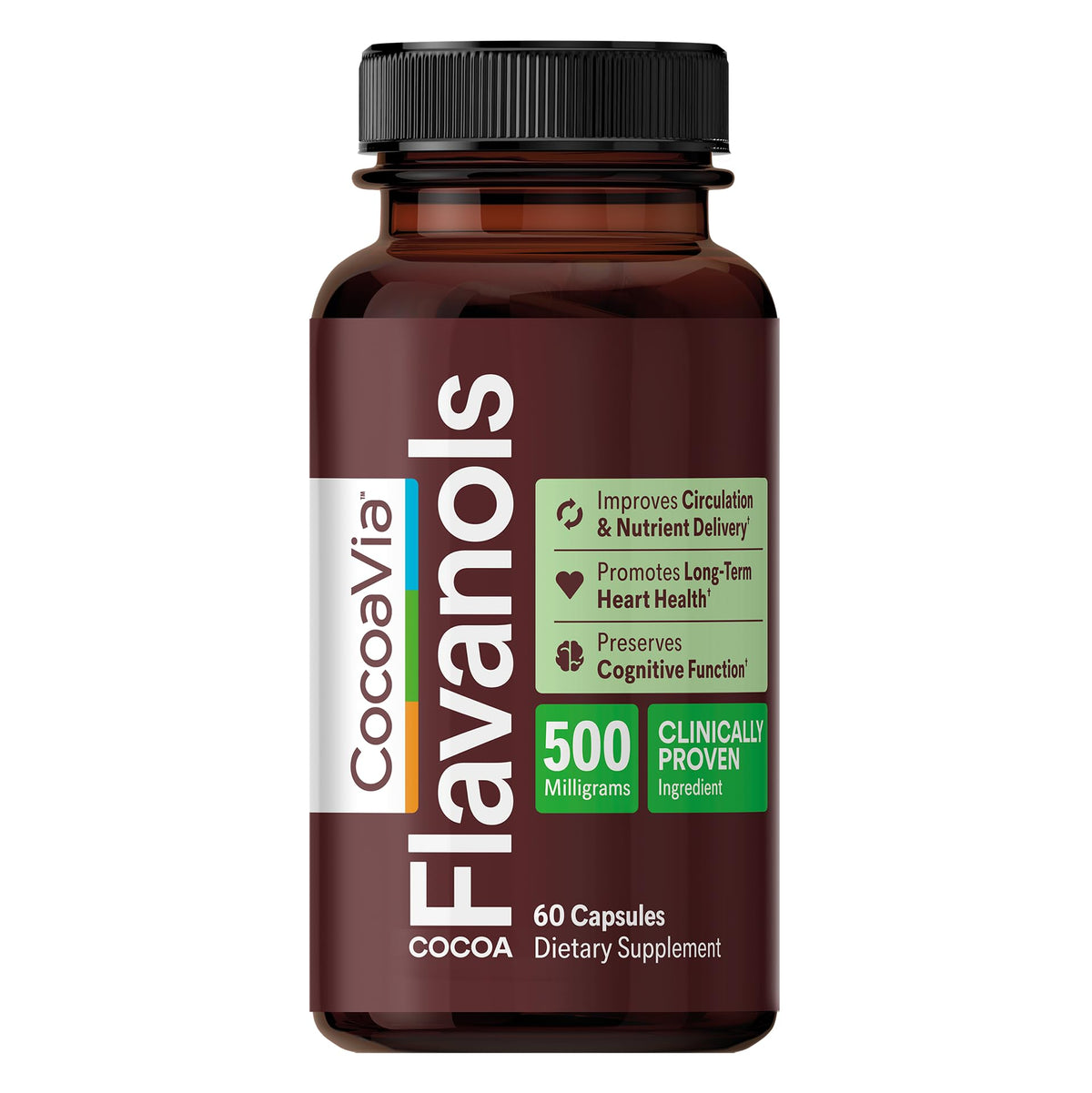 CocoaVia frente del envase destacando 500 mg y beneficios cardiovasculares
