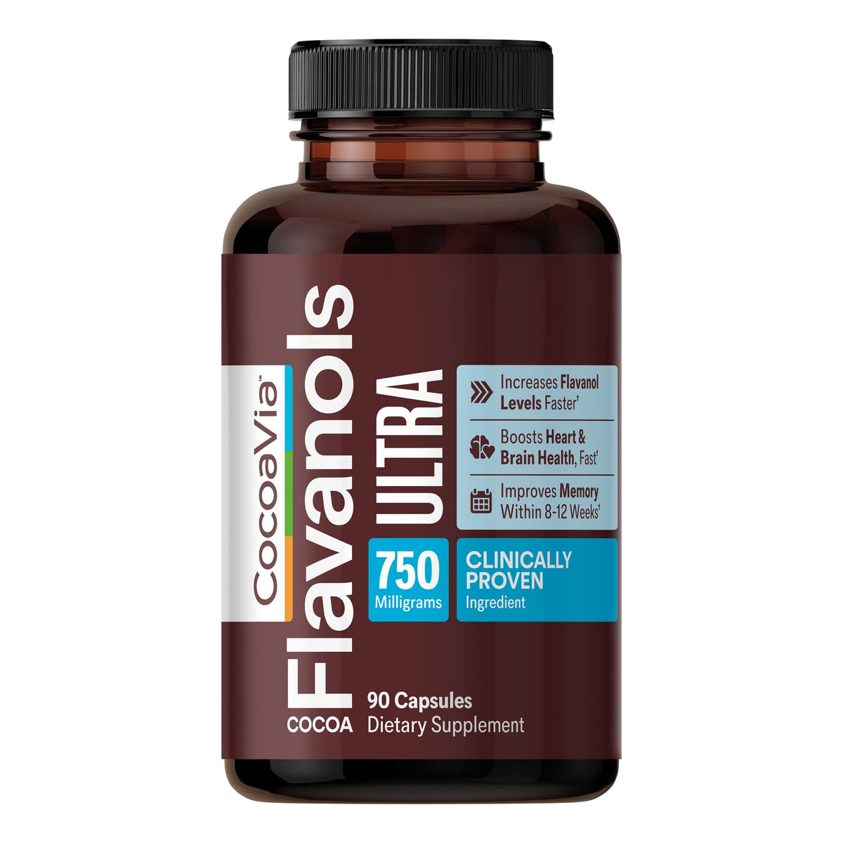 CocoaVia envase frontal mostrando alta concentración de flavanoles y beneficio circulatorio