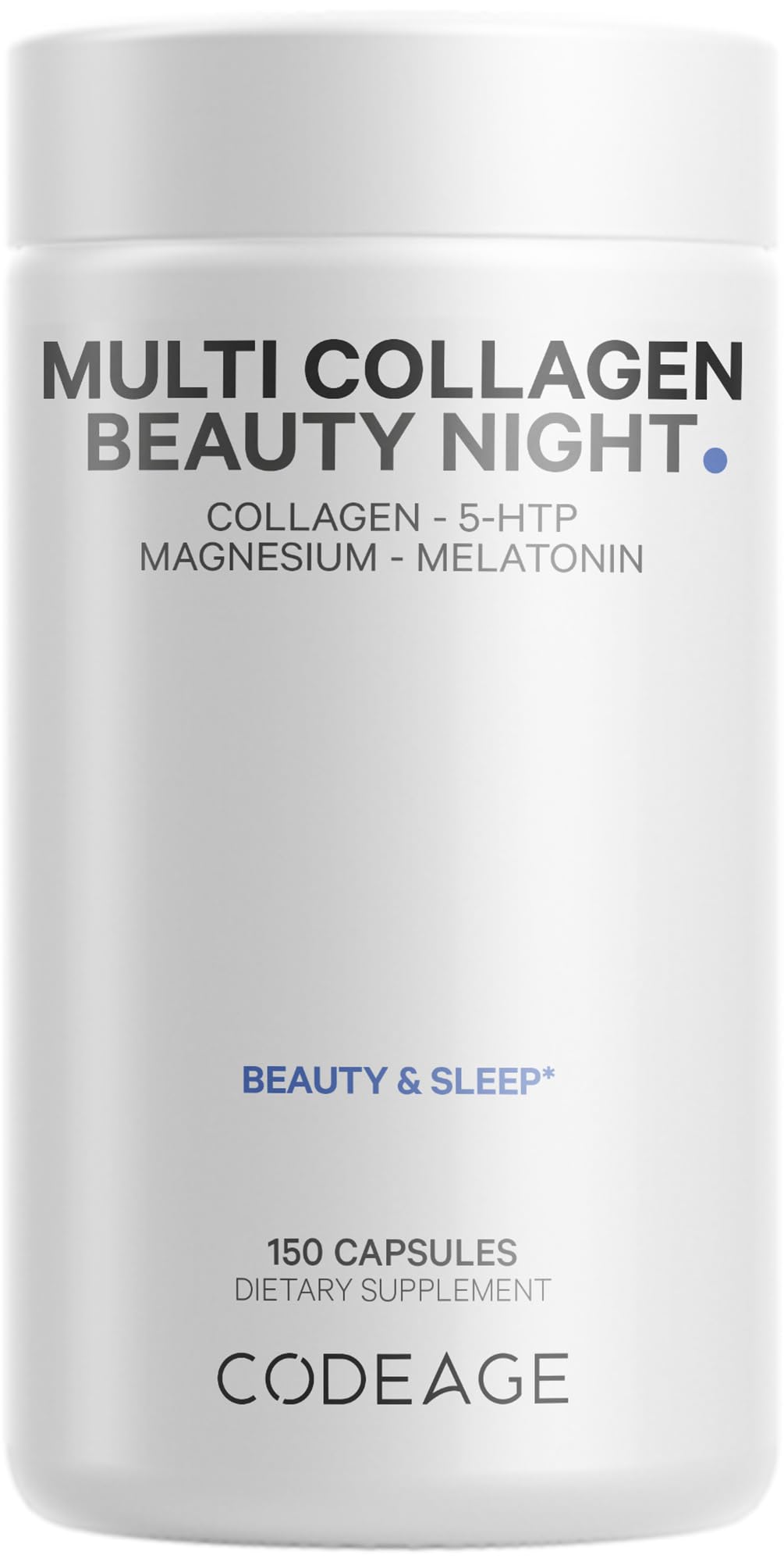 Codeage bote frontal Beauty Night mostrando el envase y ventaja de fórmula nocturna