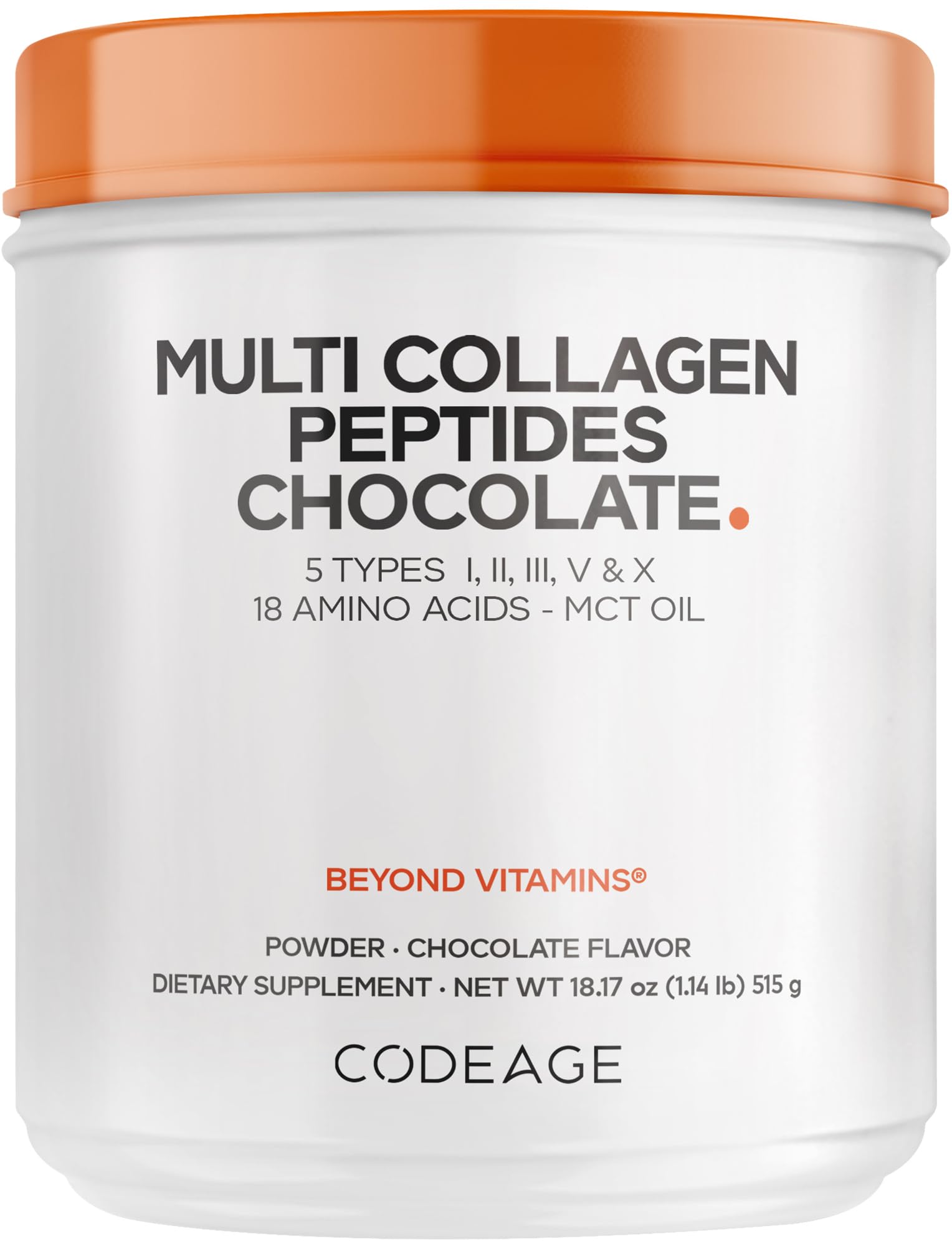 Codeage envase frontal del polvo de colágeno con sabor chocolate, práctico y sabroso