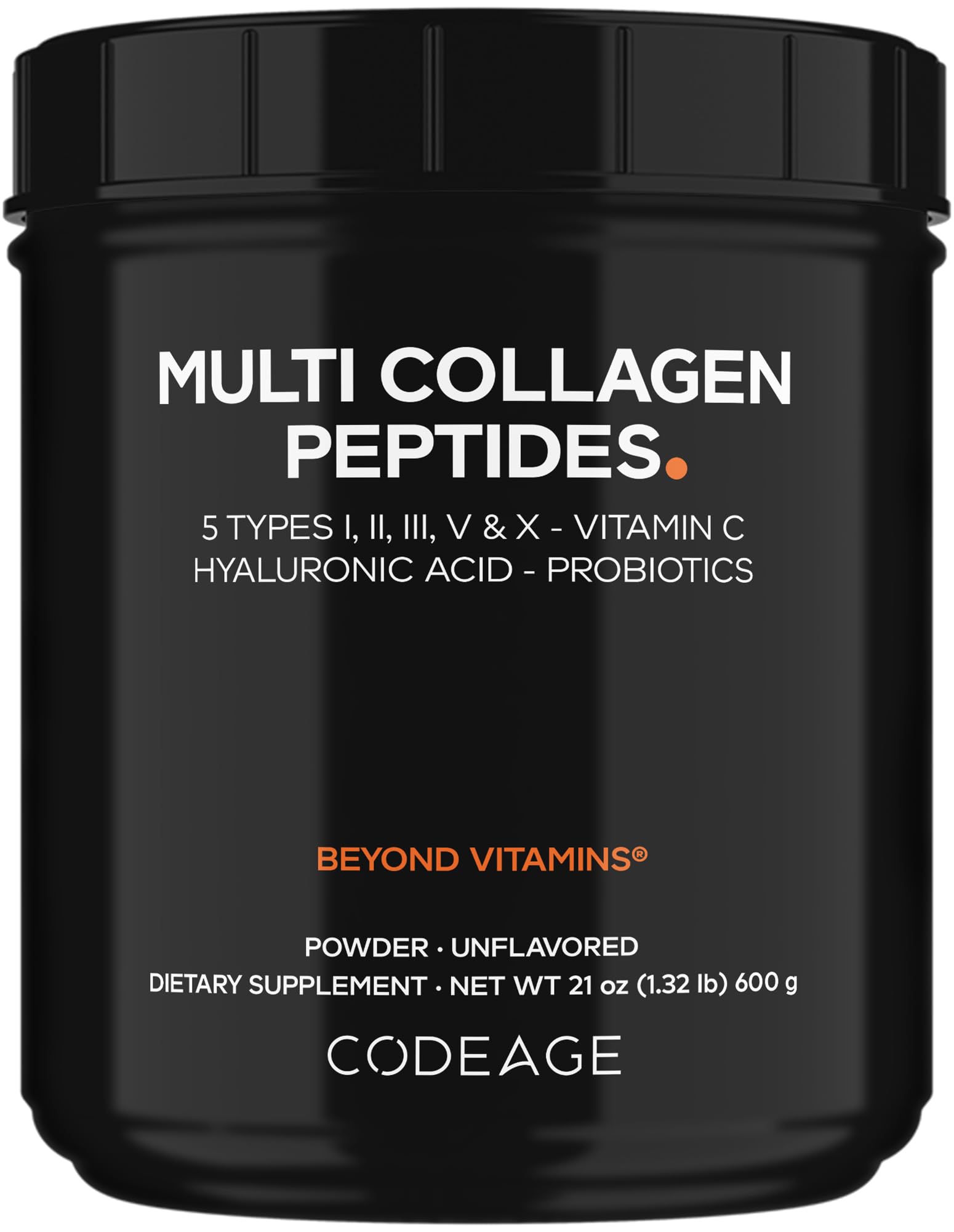 Codeage envase frontal de Multi Collagen 21 oz mostrando diseño y uso práctico