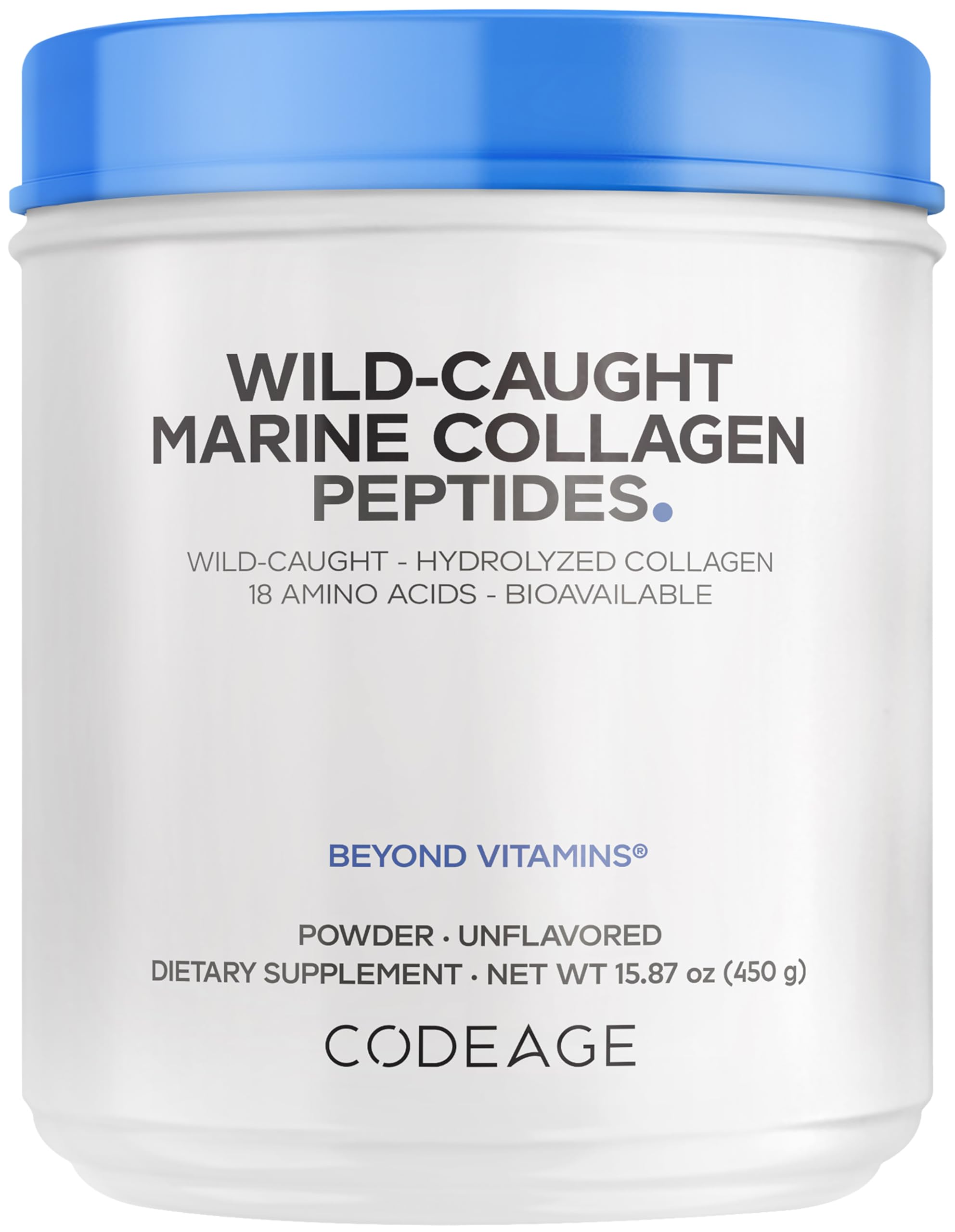 Codeage envase frontal mostrando colágeno marino y beneficios de pureza