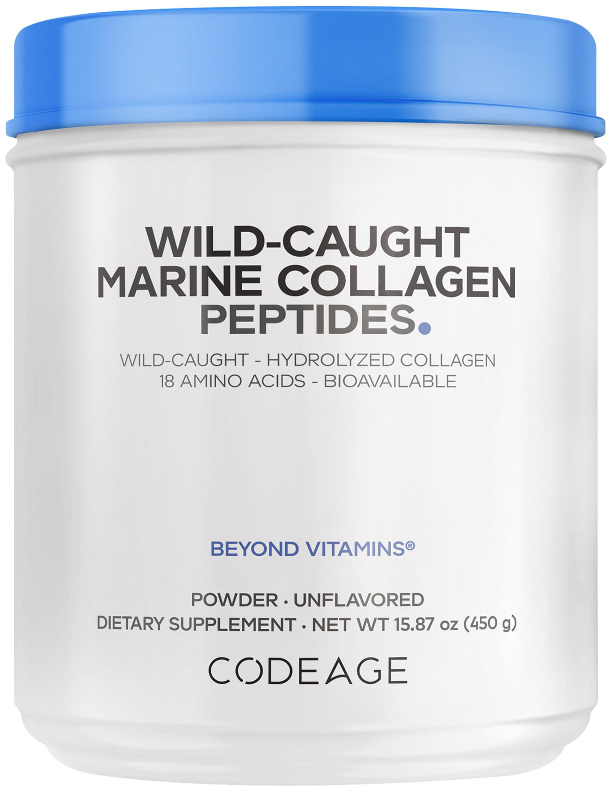 Codeage envase frontal mostrando colágeno marino y beneficios de pureza