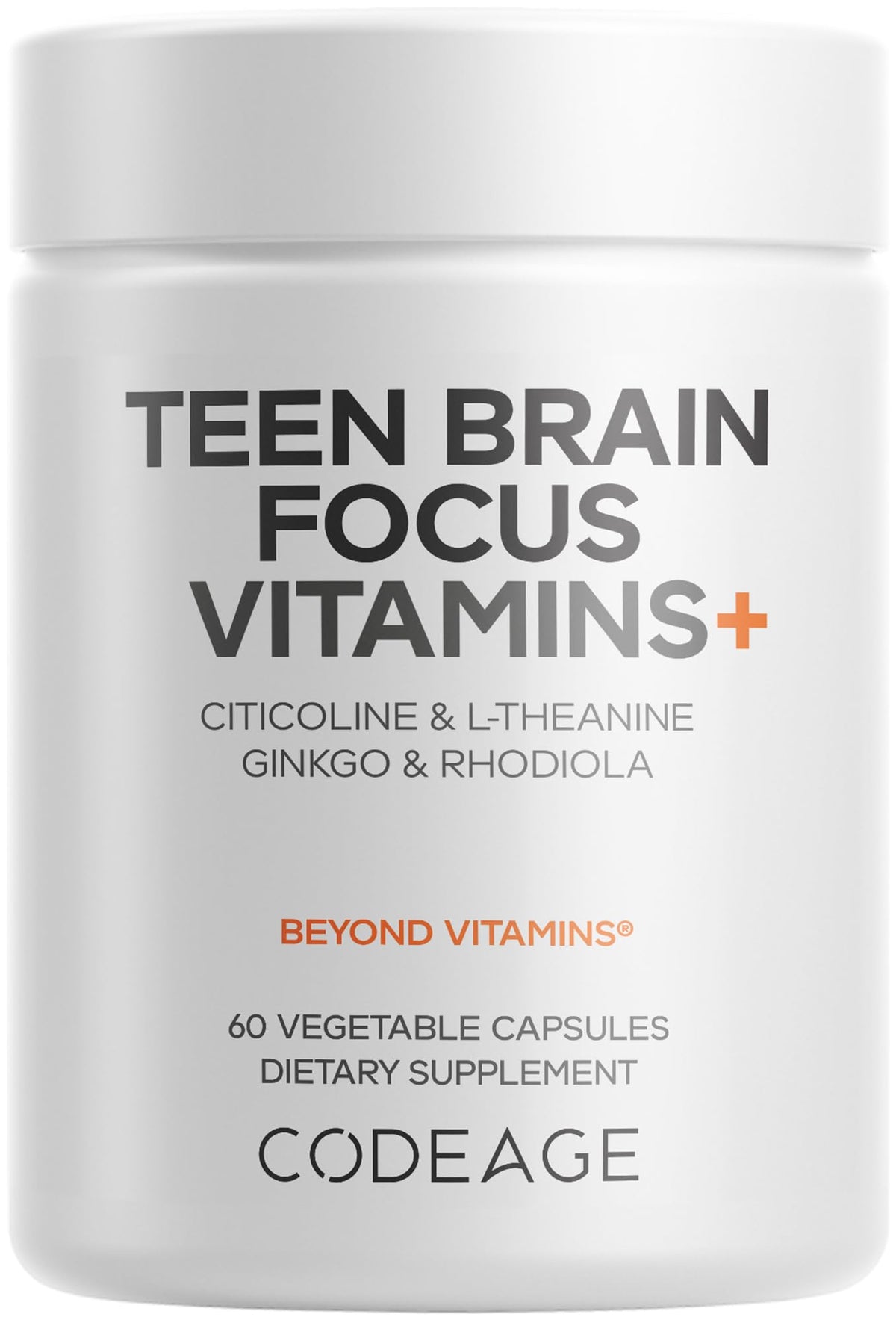 Codeage envase frontal Teen Brain Focus mostrando ingredientes y beneficio cognitivo