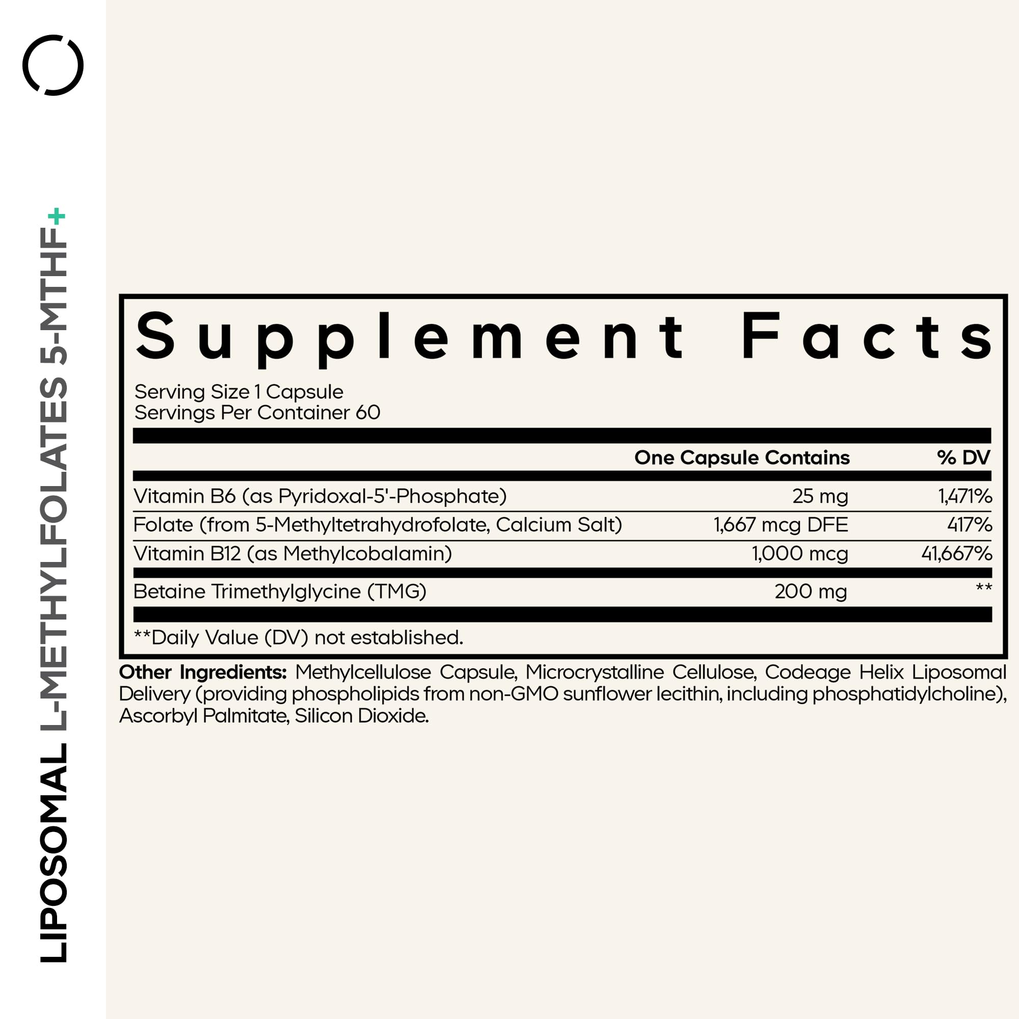 Codeage etiqueta con lista de ingredientes activos y ventaja de formas metiladas