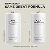 Codeage etiqueta con lista de ingredientes y formas de vitaminas A D K