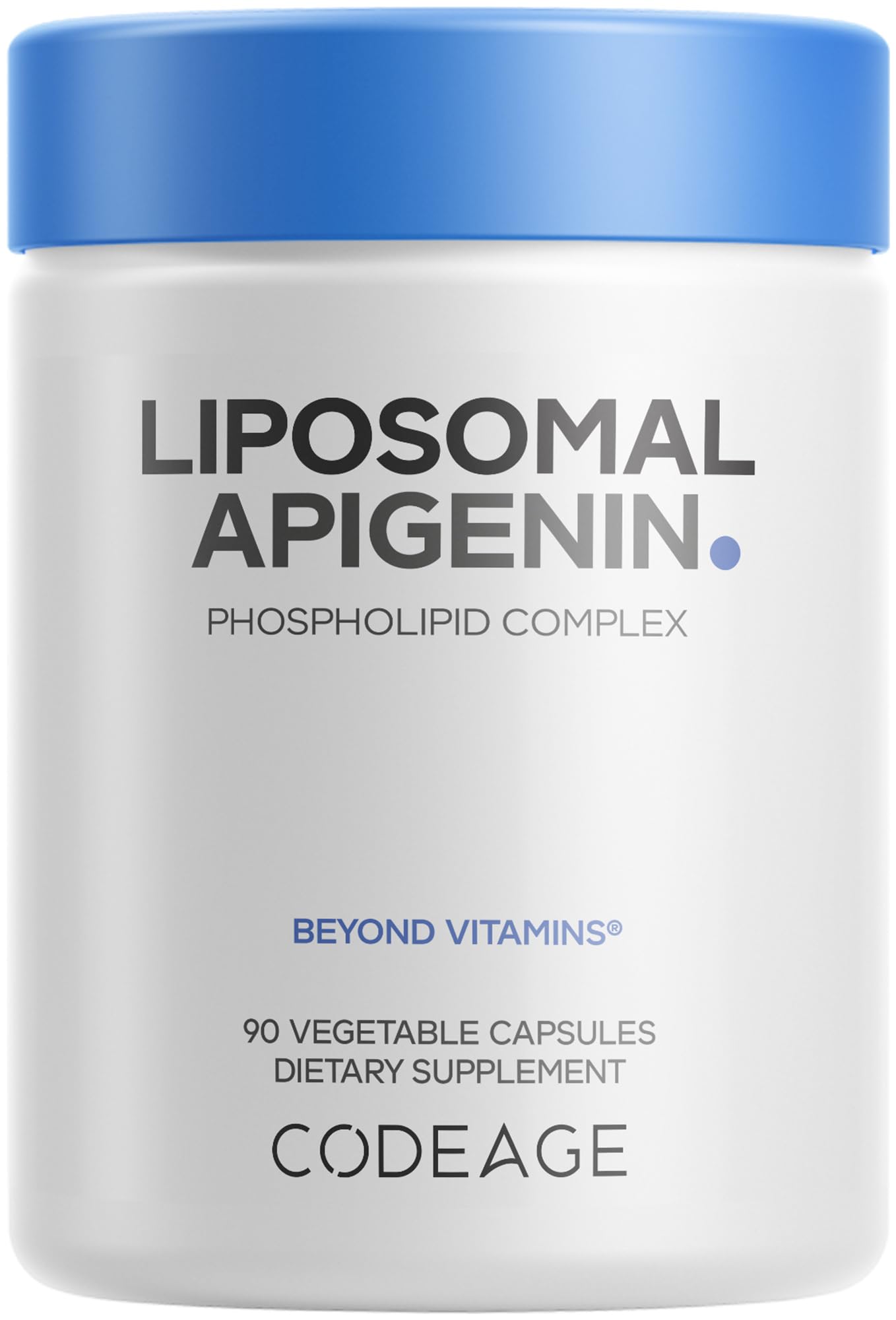 Codeage frasco delantero mostrando apigenin liposomal y dosificación clara