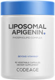 Codeage frasco delantero mostrando apigenin liposomal y dosificación clara