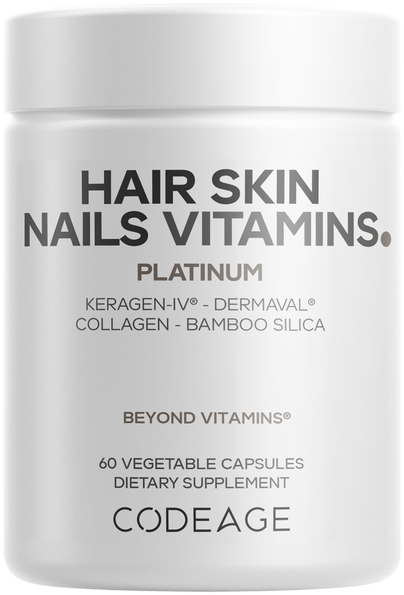 Codeage frasco delantero mostrando etiqueta y nombre del producto, apoyo para cabello y uñas