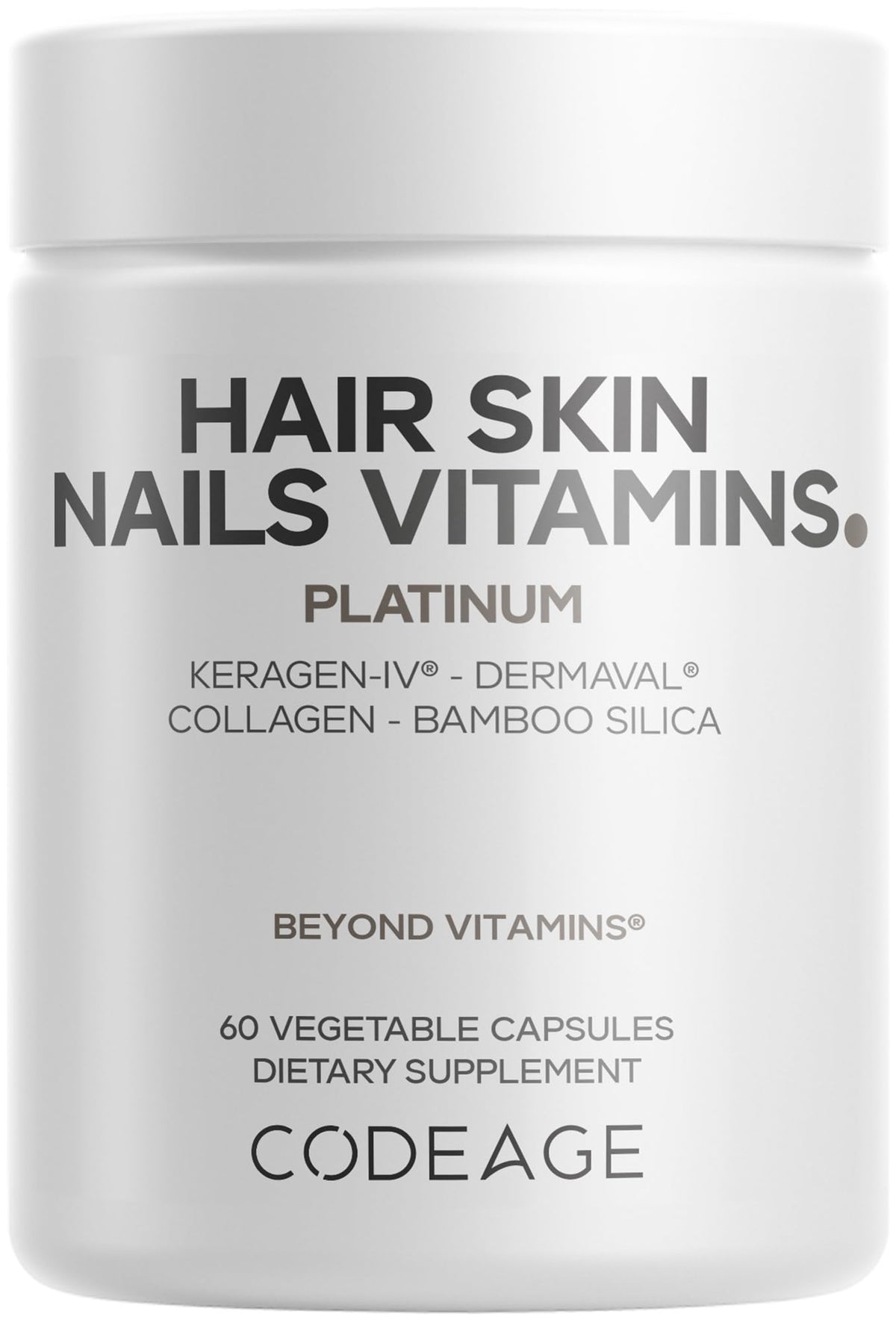 Codeage frasco delantero mostrando etiqueta y nombre del producto, apoyo para cabello y uñas