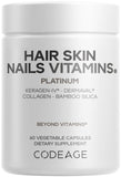 Codeage frasco delantero mostrando etiqueta y nombre del producto, apoyo para cabello y uñas