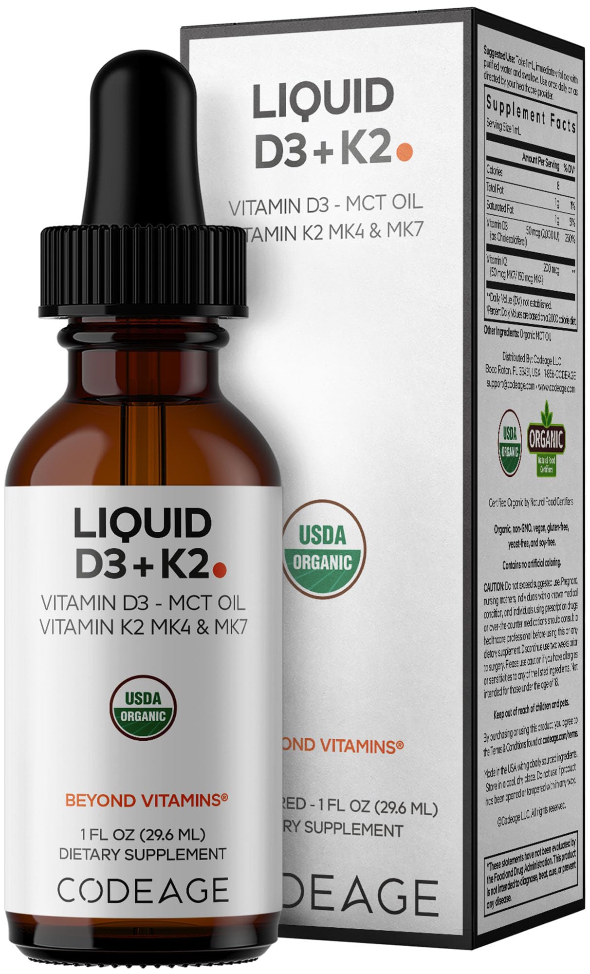 Codeage frasco frontal D3+K2 mostrando botella y etiqueta, conveniencia diaria