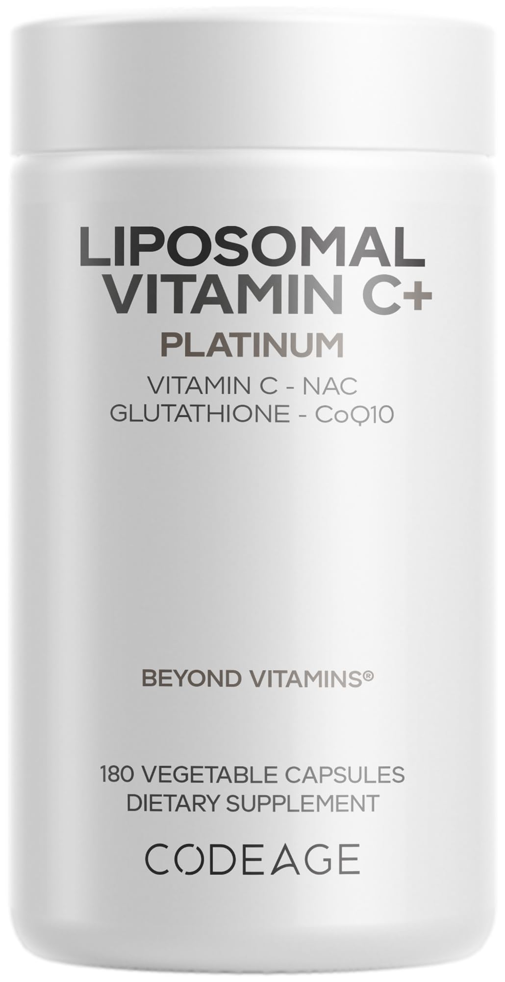Codeage frasco frontal de Liposomal Vitamin C+ mostrando etiqueta clara y beneficio de potencia
