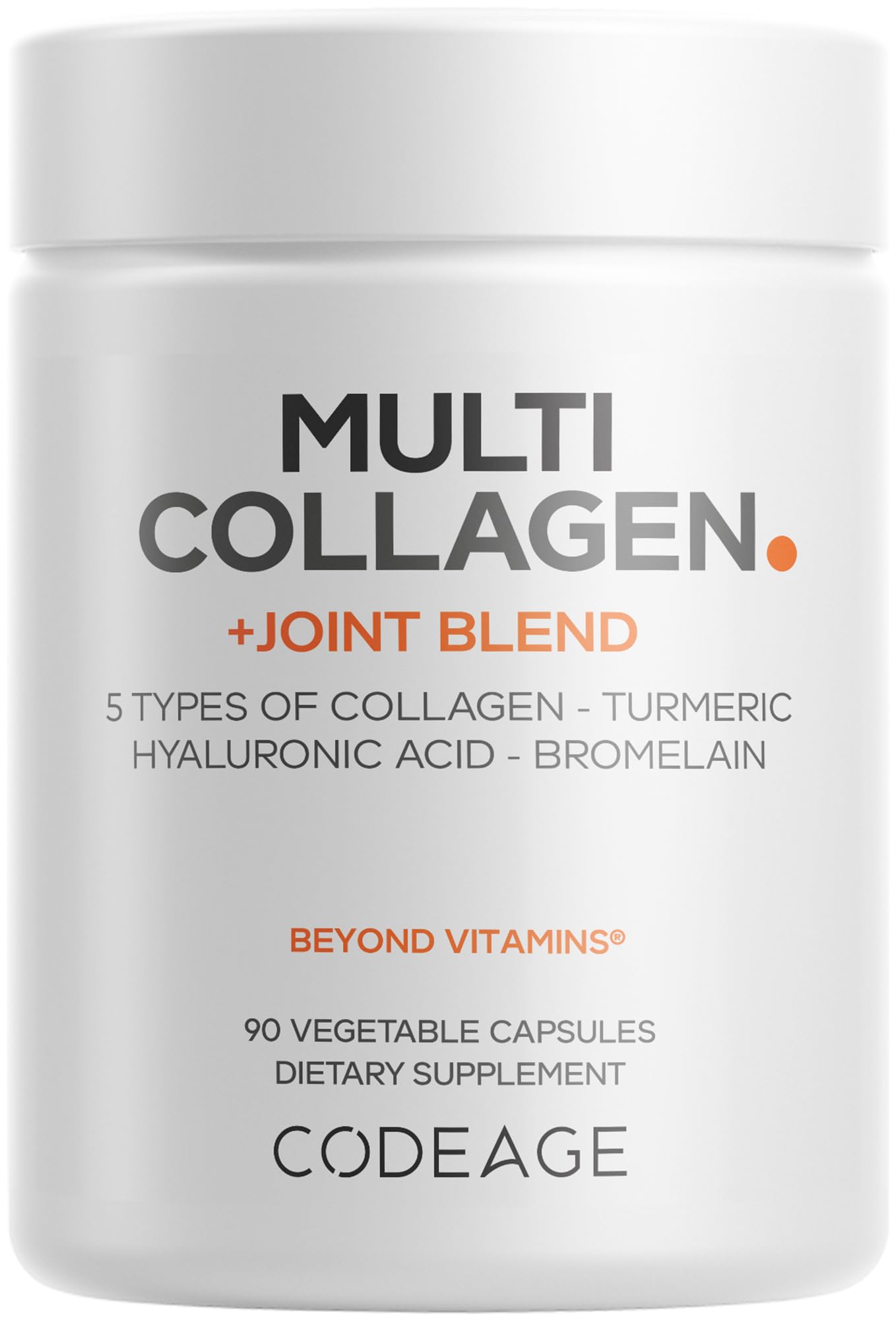 Frasco frontal Codeage Multi Collagen Protein mostrando 90 cápsulas y beneficios