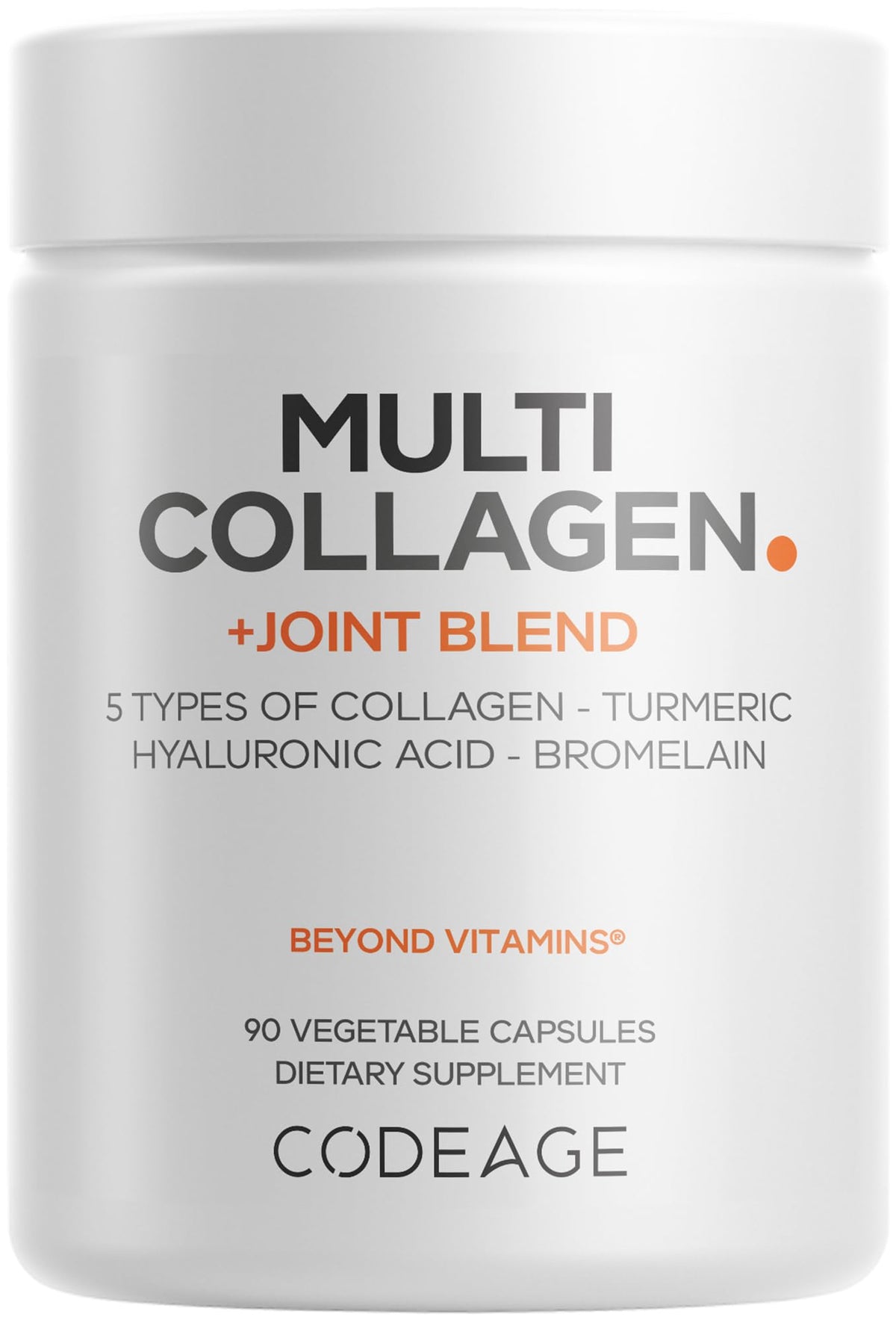 Frasco frontal Codeage Multi Collagen Protein mostrando 90 cápsulas y beneficios