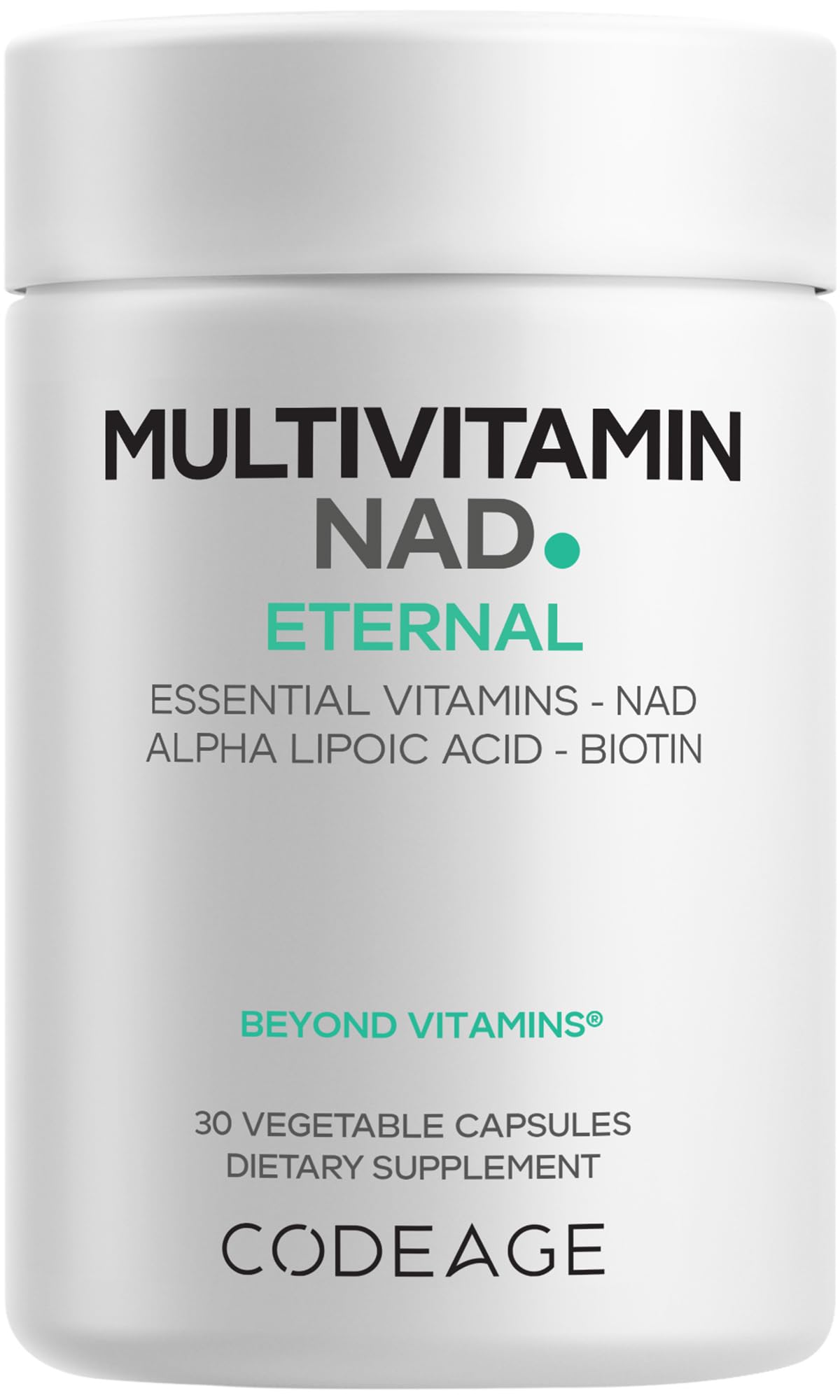 Codeage frasco frontal del multivitamínico NAD mostrando diseño y contenido