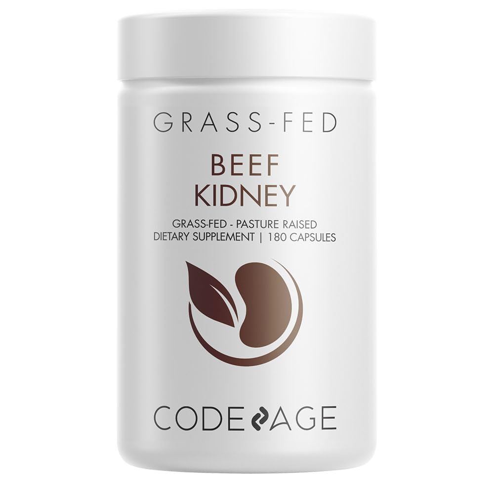 Codeage frasco frontal de riñón de vaca alimentada con pasto mostrando etiqueta clara y beneficios