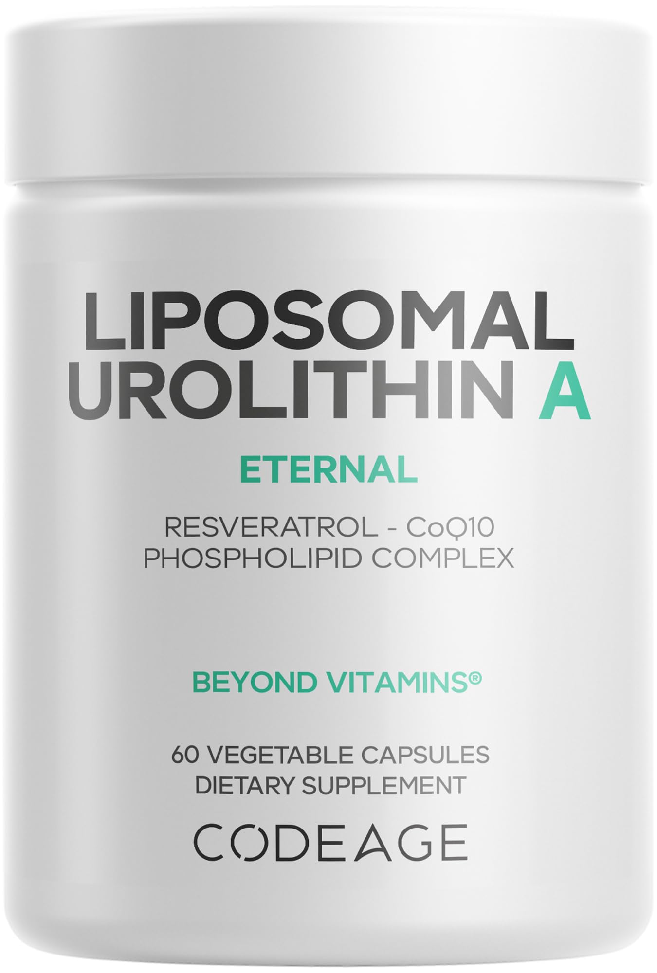 Codeage frasco frontal mostrando urolitina A y beneficios de biodisponibilidad