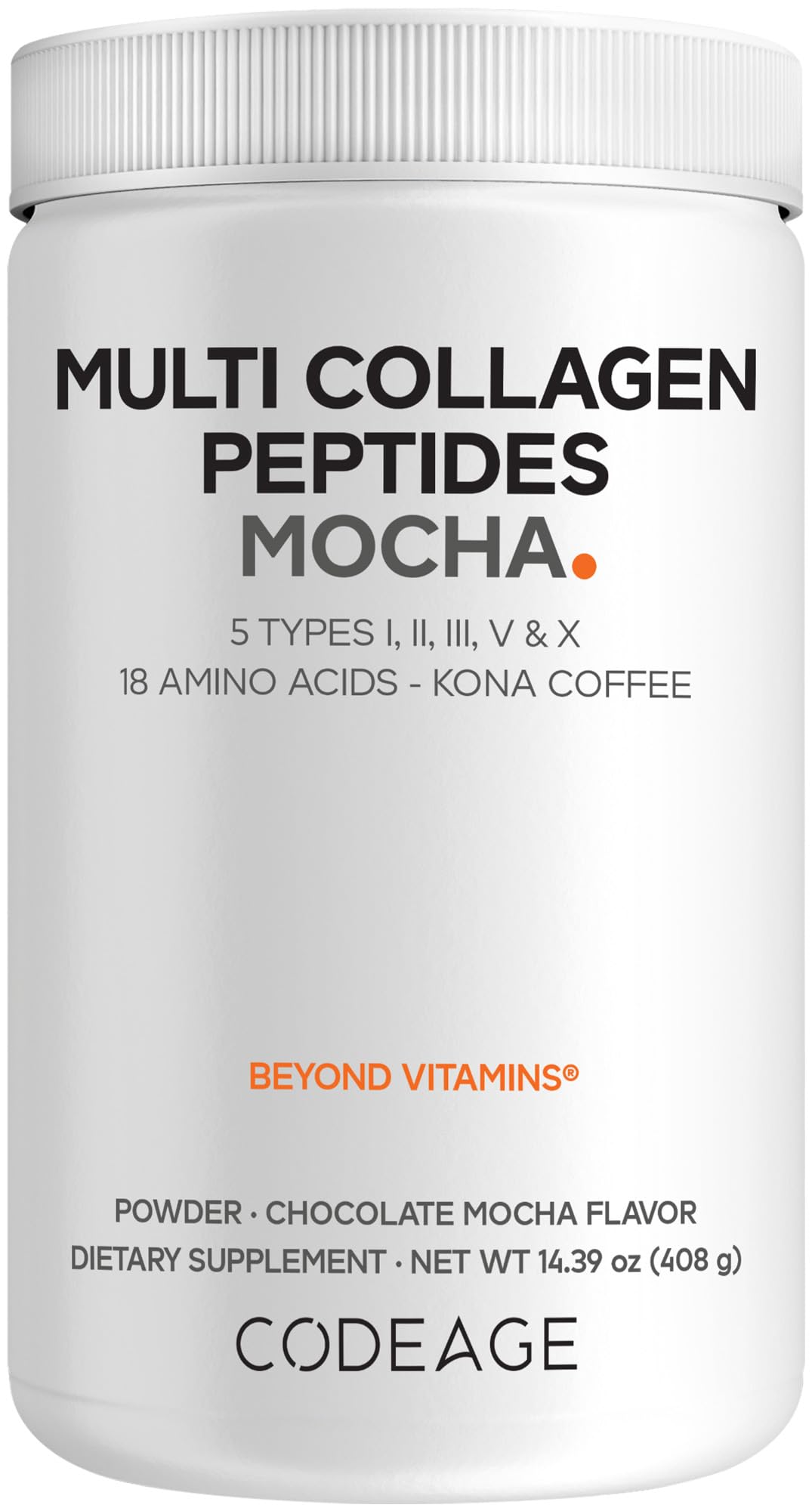 Codeage frente del empaque mostrando sabor mocha y beneficio proteico