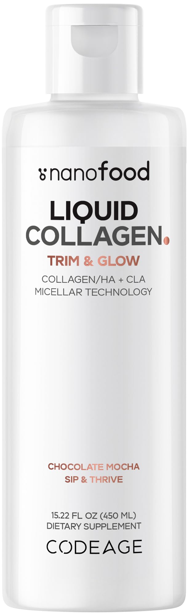 Codeage botella frontal del Liquid Collagen sabor chocolate, presentación clara y práctica