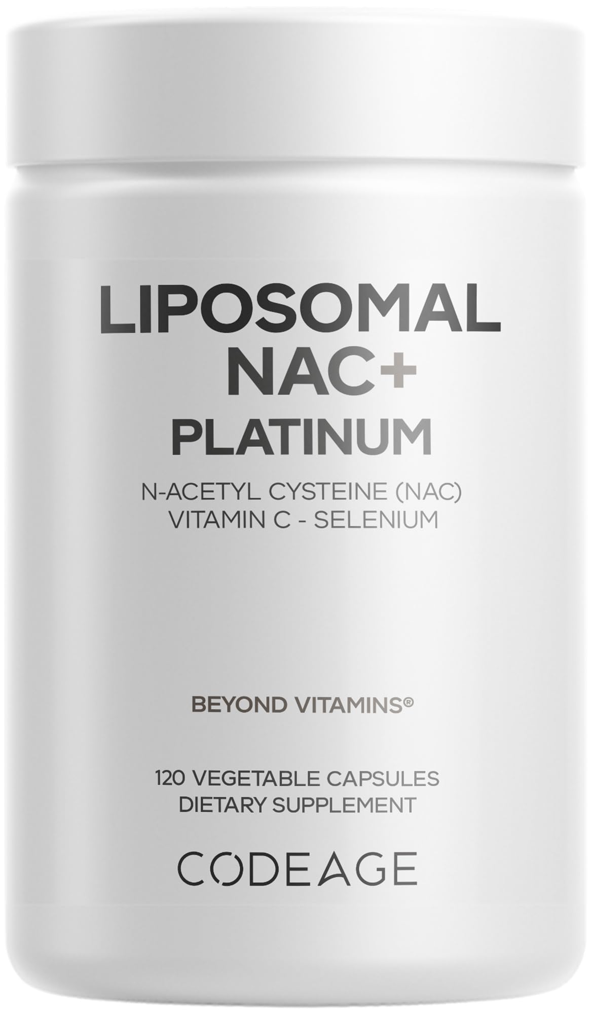 Codeage envase frontal Liposomal NAC+ Platinum mostrando dosificador y marca