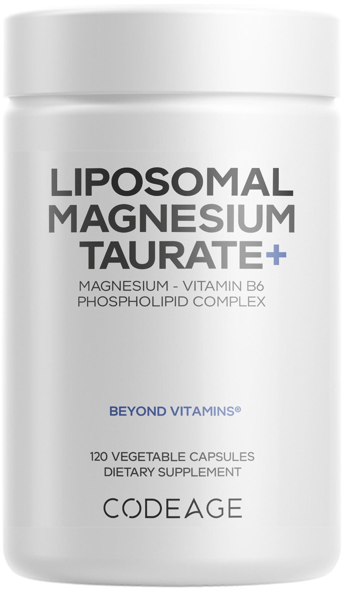 Codeage envase frontal Liposomal Magnesium Taurate+ con diseño claro y datos de pureza