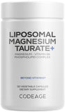 Codeage envase frontal Liposomal Magnesium Taurate+ con diseño claro y datos de pureza