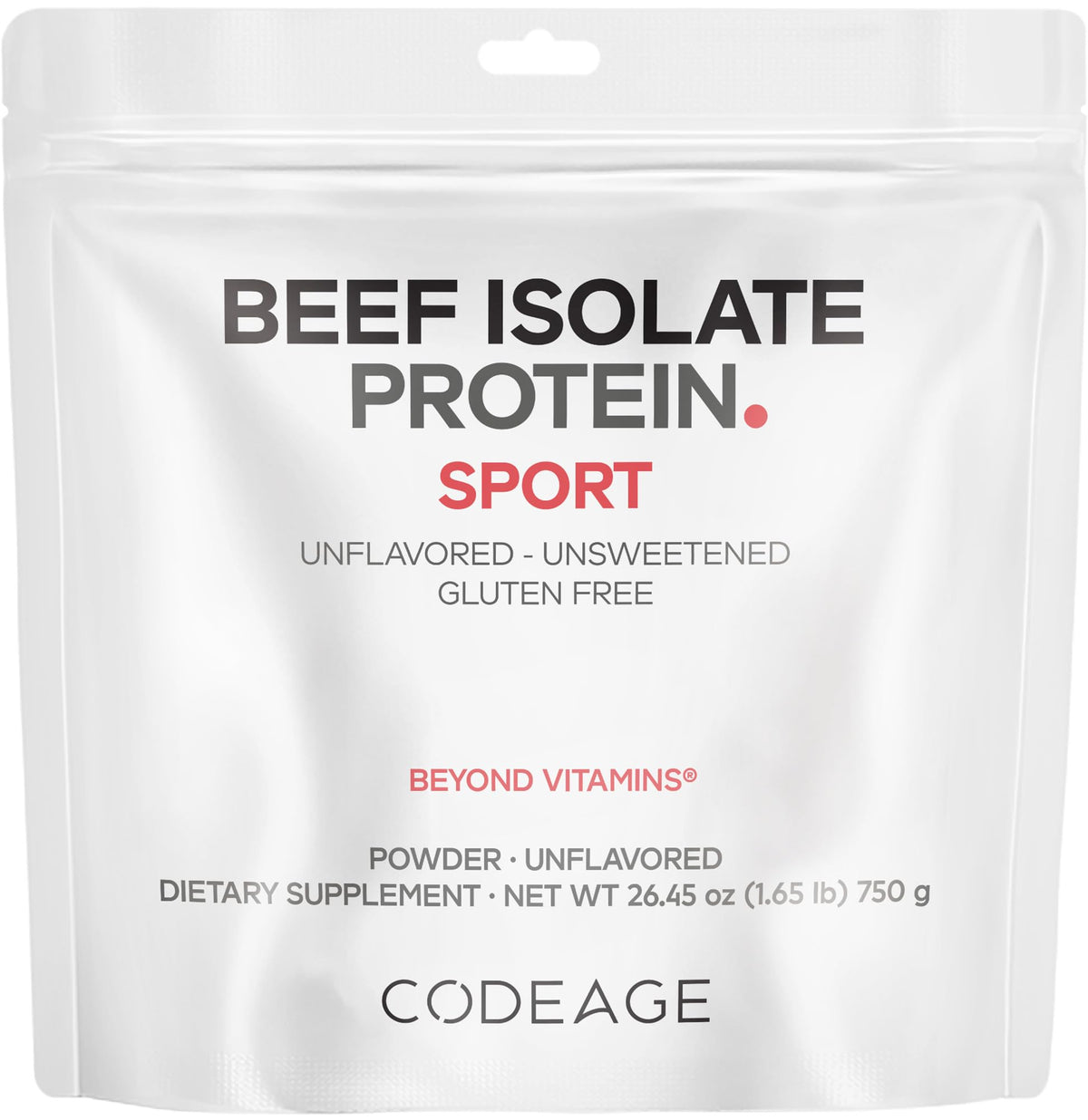 Codeage envase frontal mostrando proteína de res grass-fed y alto aporte proteico