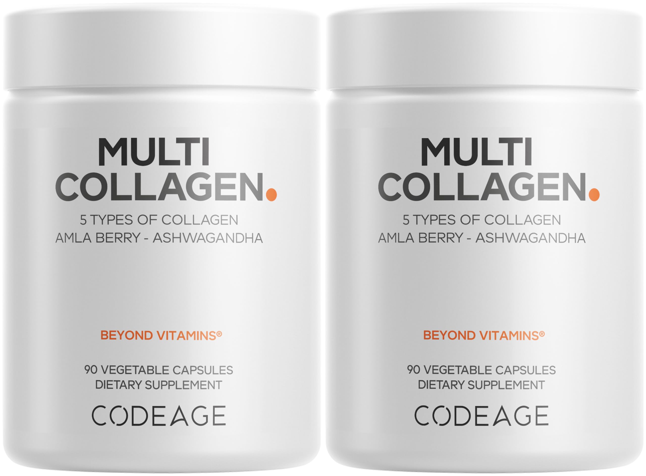 Codeage envase frontal que muestra fórmula de cinco colágenos y conveniencia