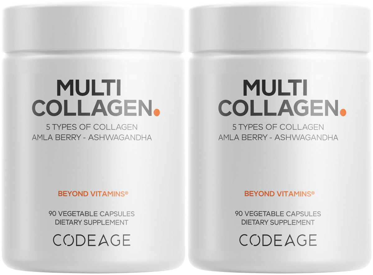 Codeage envase frontal que muestra fórmula de cinco colágenos y conveniencia