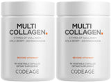 Codeage envase frontal que muestra fórmula de cinco colágenos y conveniencia