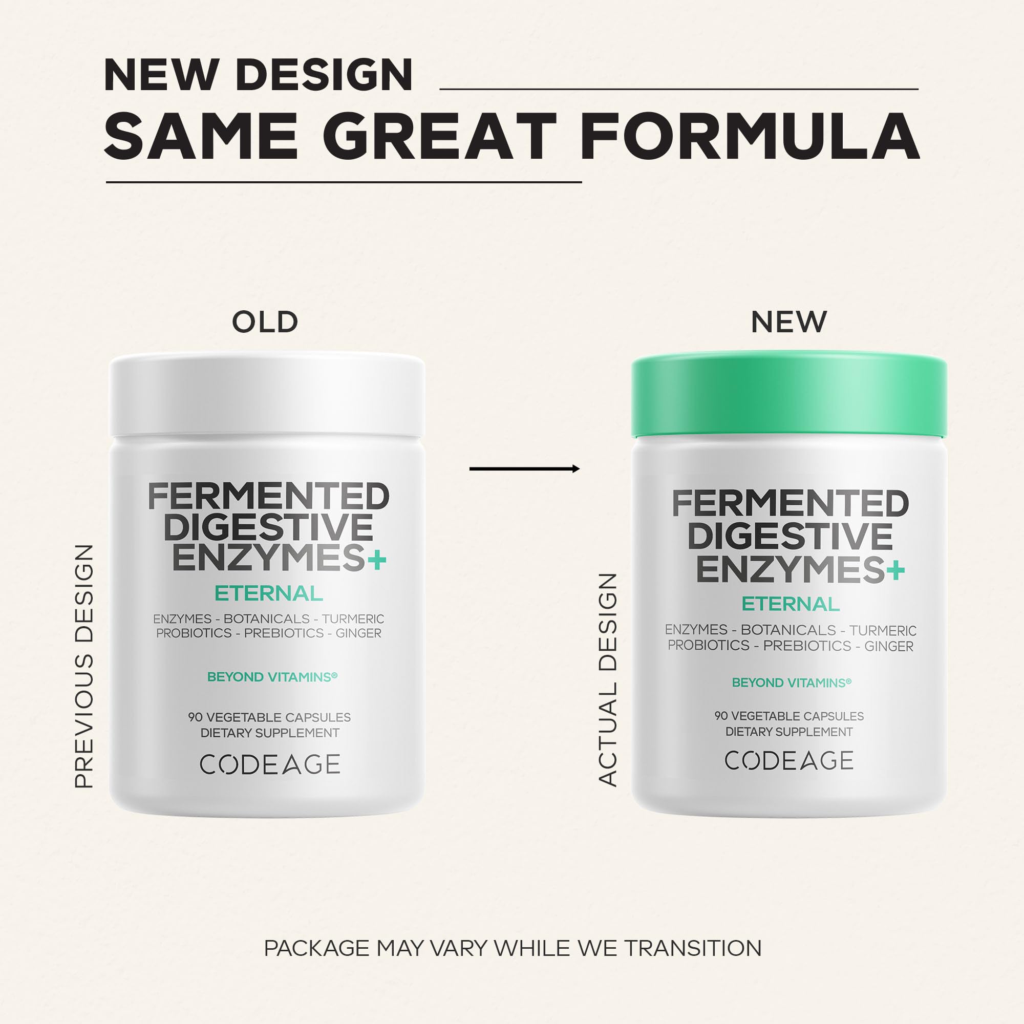 Codeage polvo de botanicals fermentados resaltando ingredientes