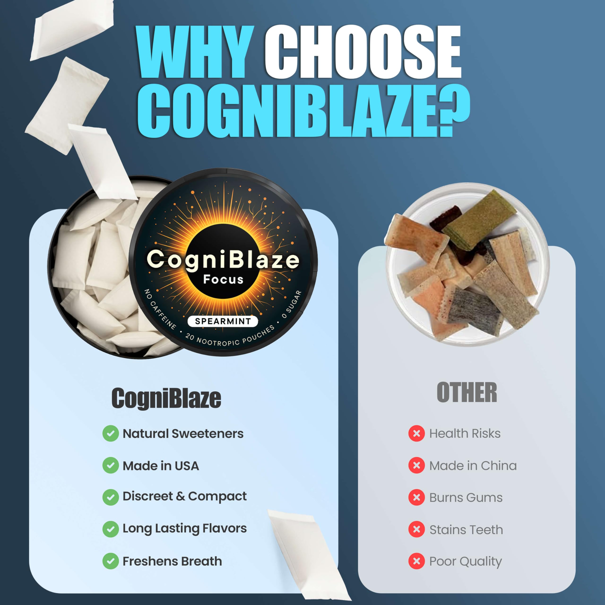 CogniBlaze pouches sobre un escritorio con laptop, uso profesional y sin cafeína