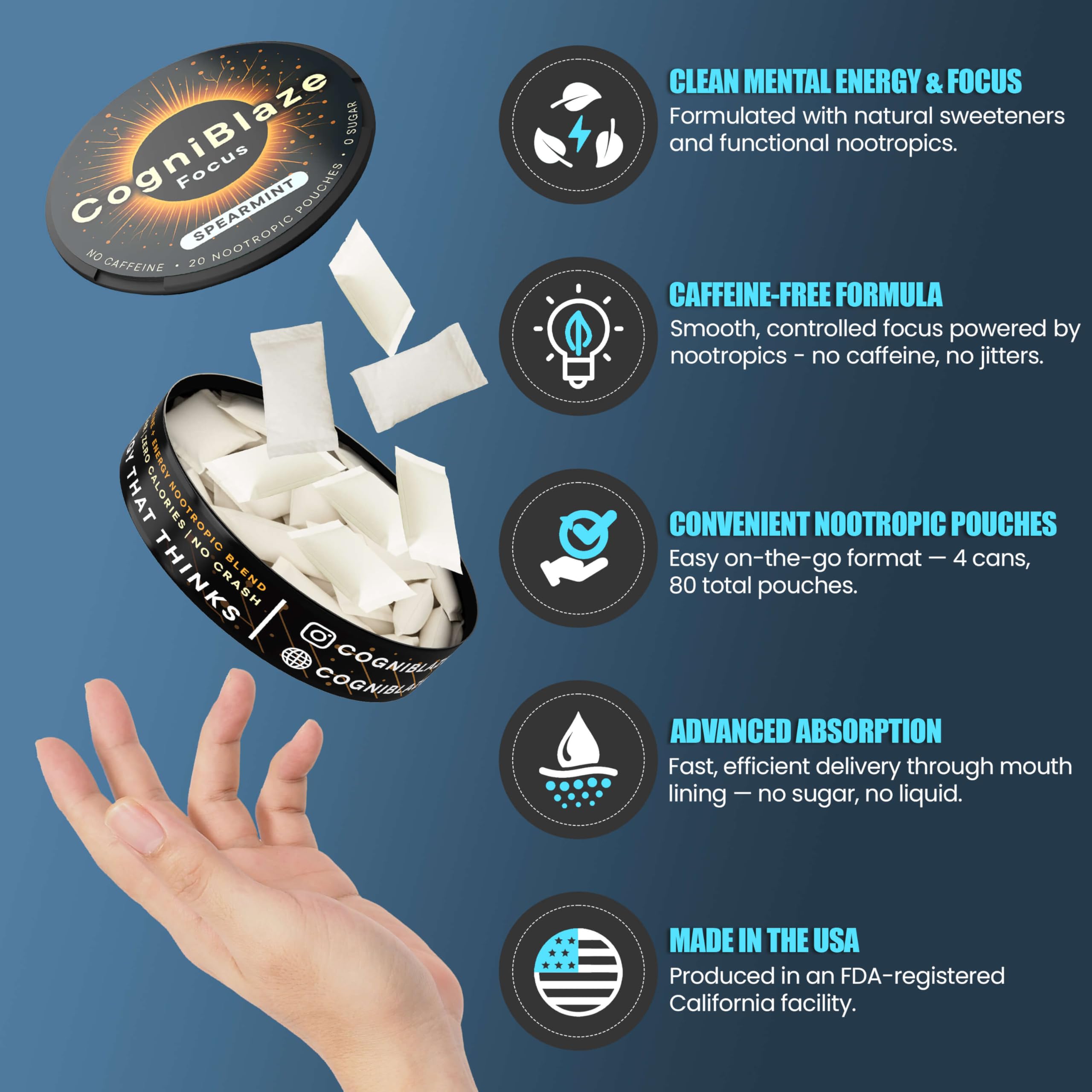 CogniBlaze etiqueta de ingredientes y valores por pouch, claridad en la formulación
