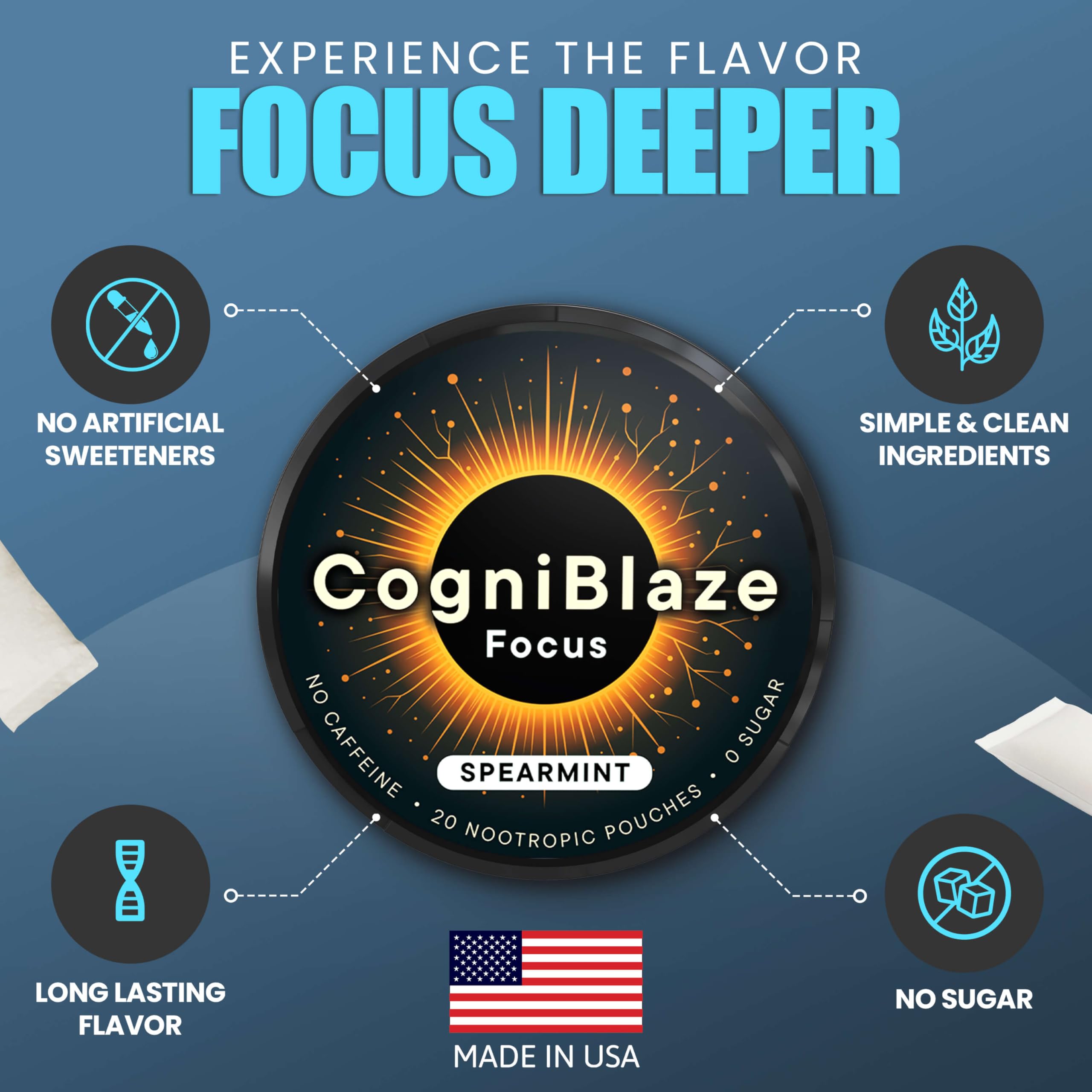 CogniBlaze lata abierta con 20 pouches visibles, práctico para llevar y reponer