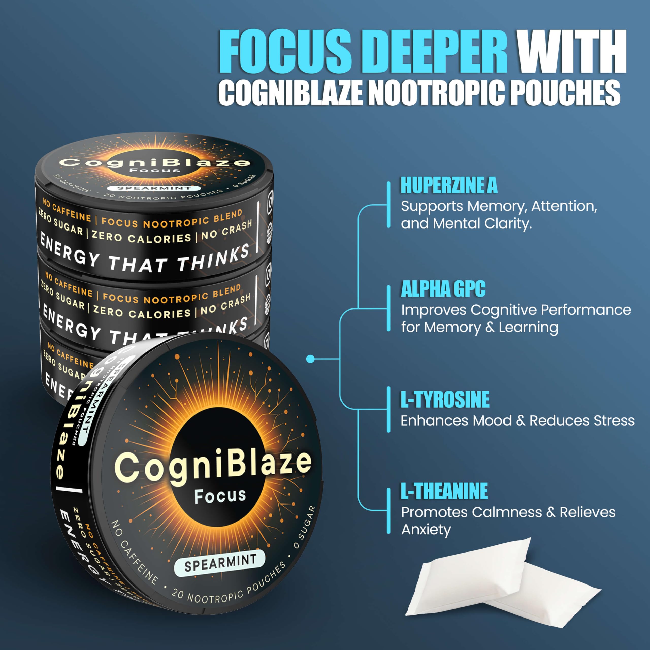 CogniBlaze pouch colocado entre labio y encía en uso discreto, cómodo para el día a día