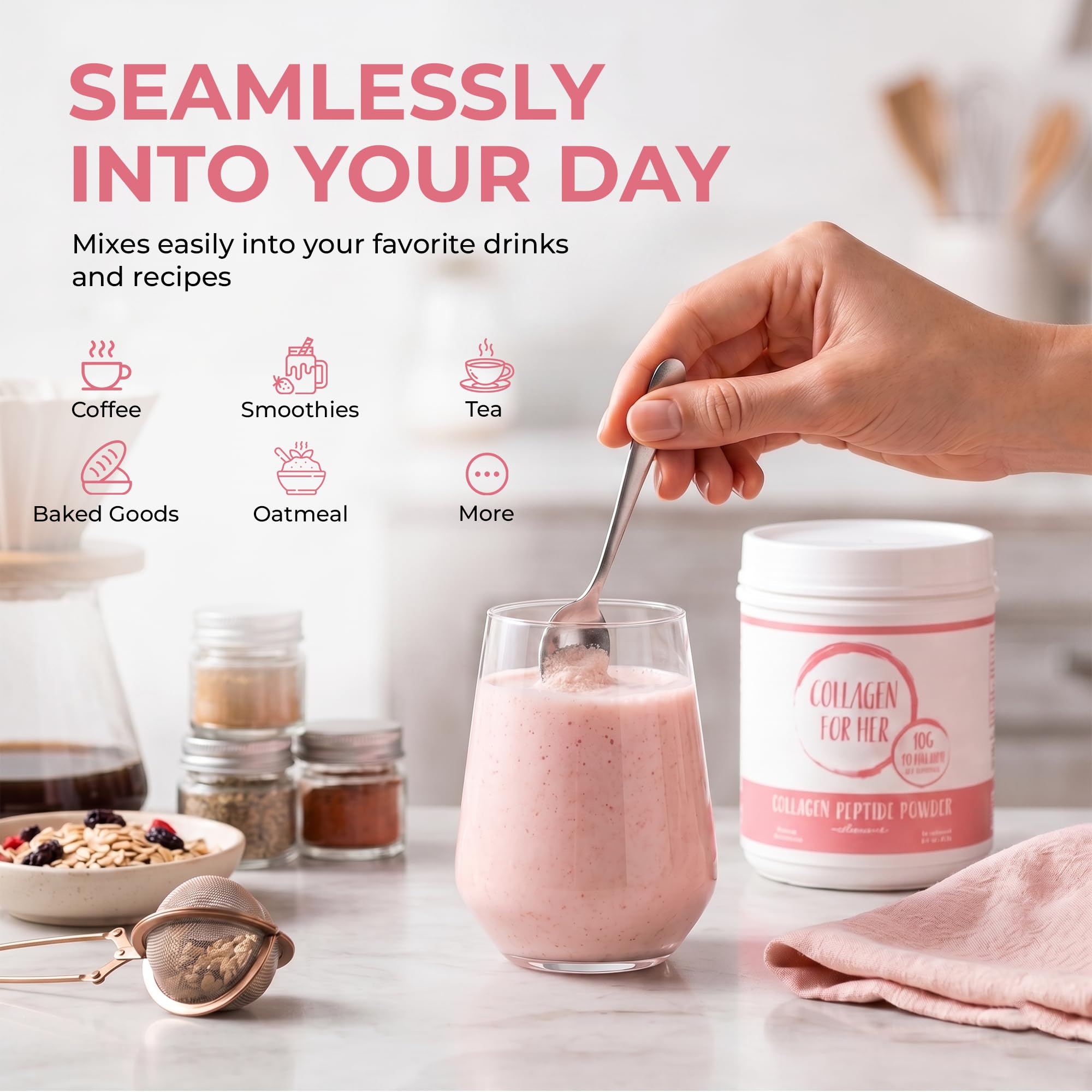 Collagen For Her mezclado en batido matutino para belleza desde dentro