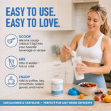 Collagen For Her comparación de tamaño junto a una taza para escala