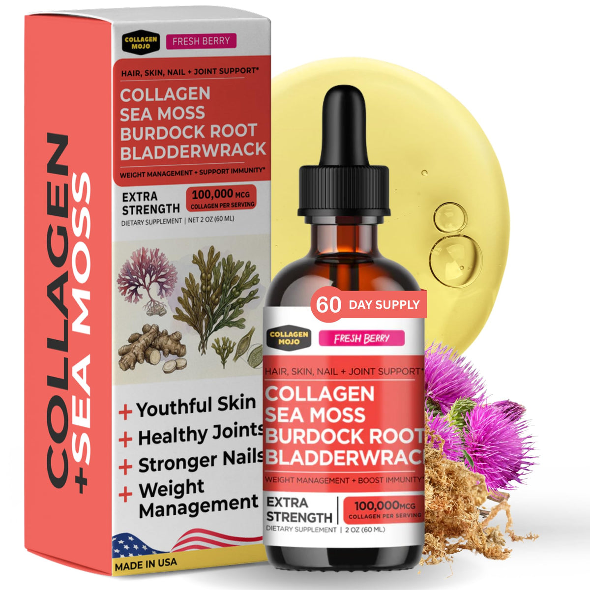 Collagen Mojo frasco frontal mostrando etiqueta y tamaño práctico