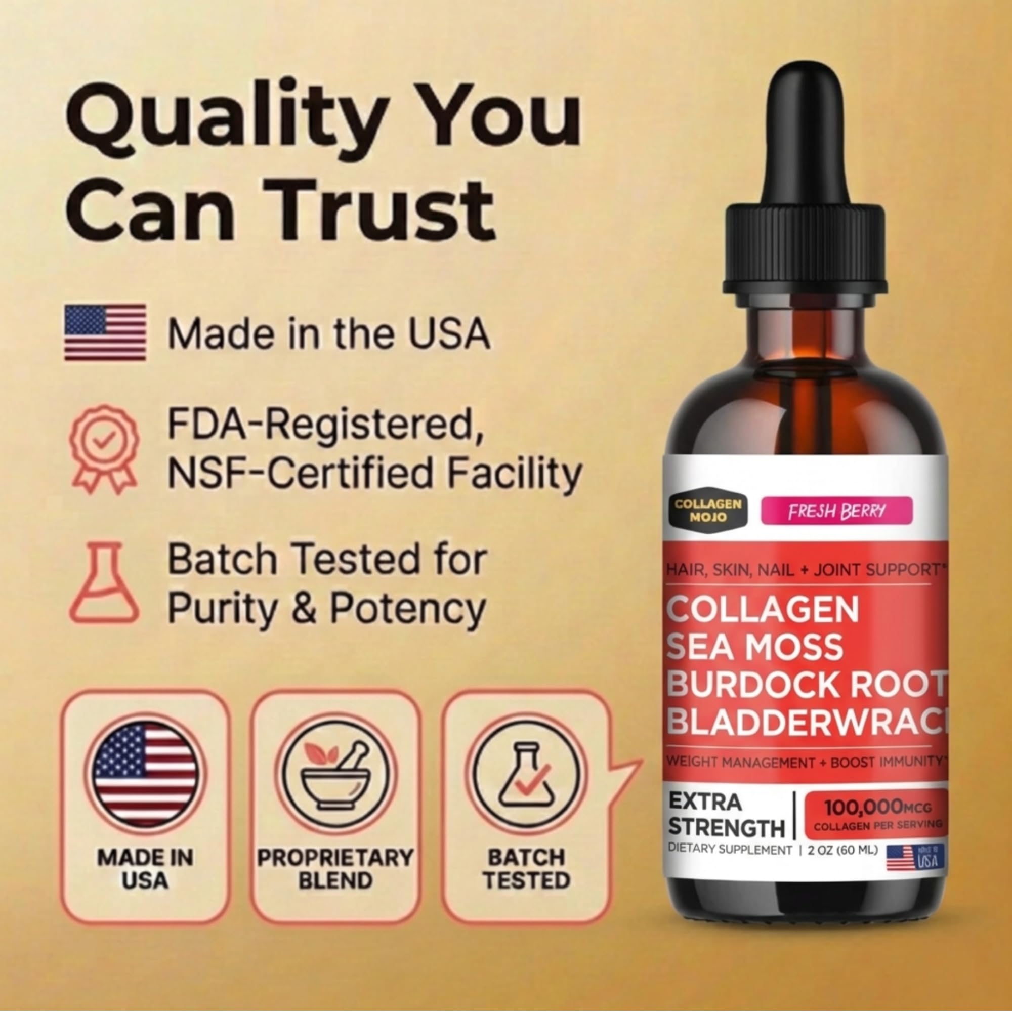 Collagen Mojo junto a una tarjeta para comparar el tamaño de 2 oz fácilmente