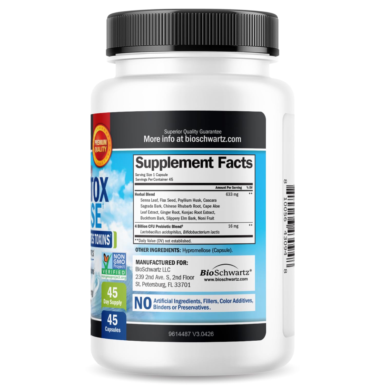 Colon Cleanser and Detox frasco junto a alimentos saludables en cocina