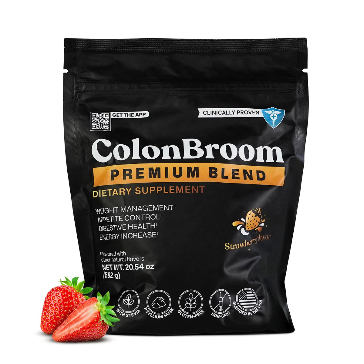 ColonBroom frente del envase mostrando marca y sabor fresa para confianza