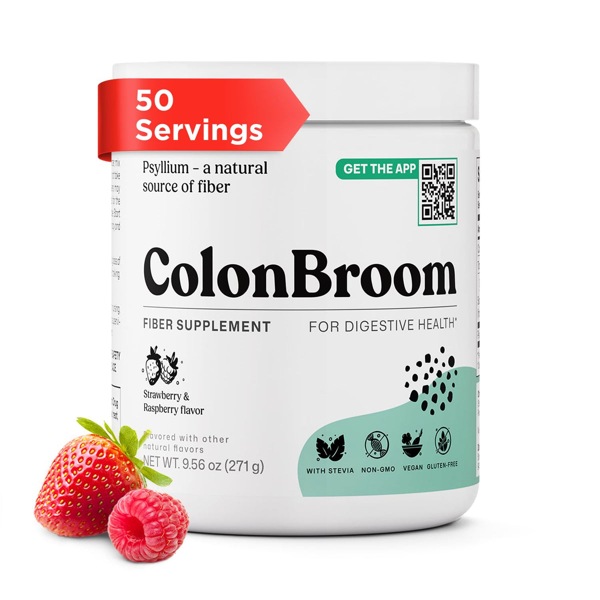 ColonBroom frontal del envase mostrando sabor fresa y frambuesa y ventaja de 50 porciones