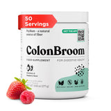 ColonBroom frontal del envase mostrando sabor fresa y frambuesa y ventaja de 50 porciones