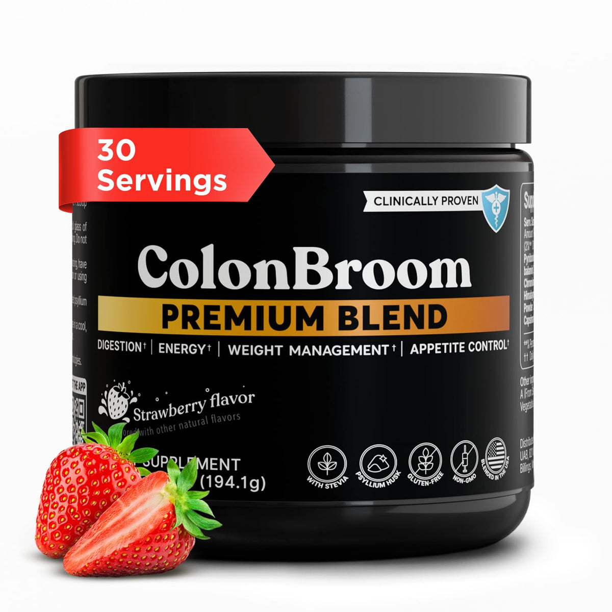 ColonBroom envase frontal sabor fresa mostrando etiquetado y 30 servicios, fácil de integrar en dieta