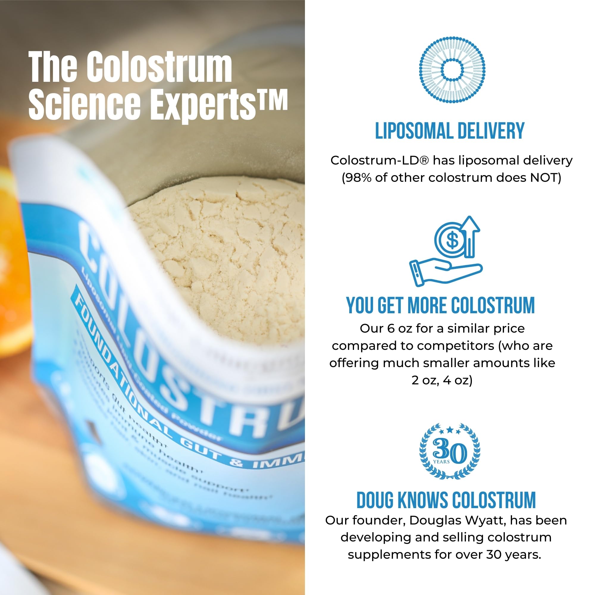 Colostrum-LD primer plano del polvo, textura instantizada fácil de mezclar