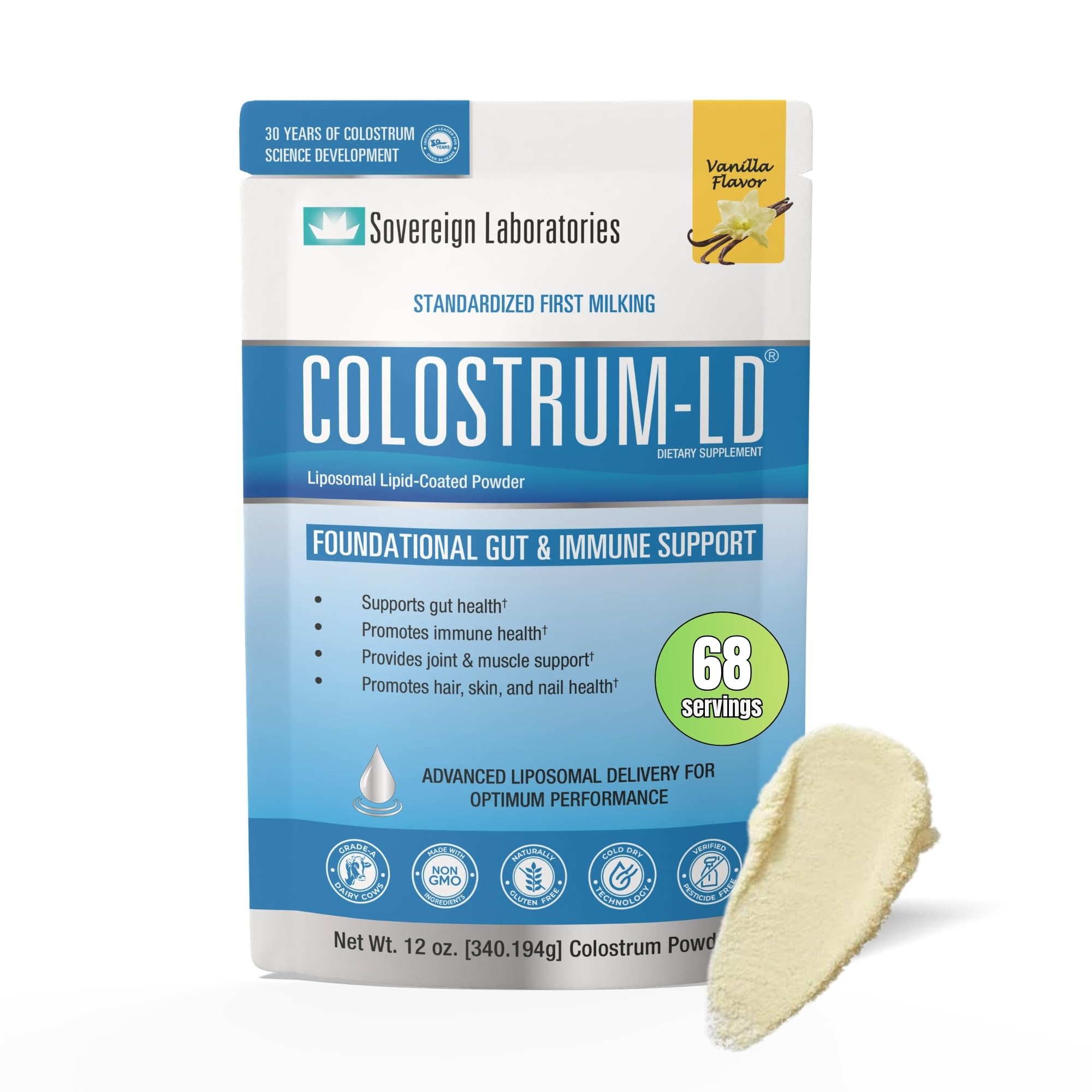 Colostrum-LD envase frontal mostrado, práctico y seguro para porciones diarias