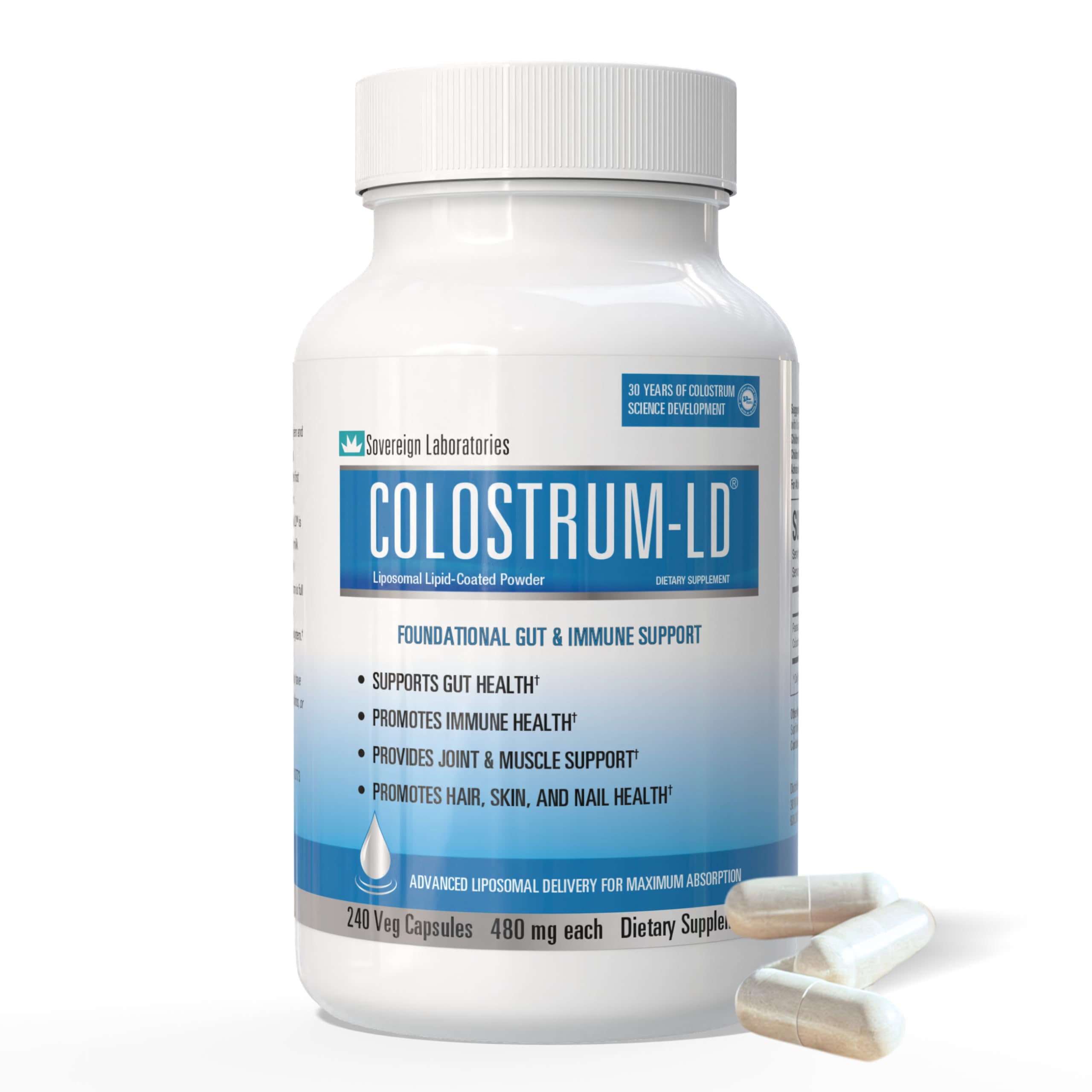 Colostrum-LD frasco frontal mostrando 240 cápsulas y etiqueta clara para almacenamiento seguro