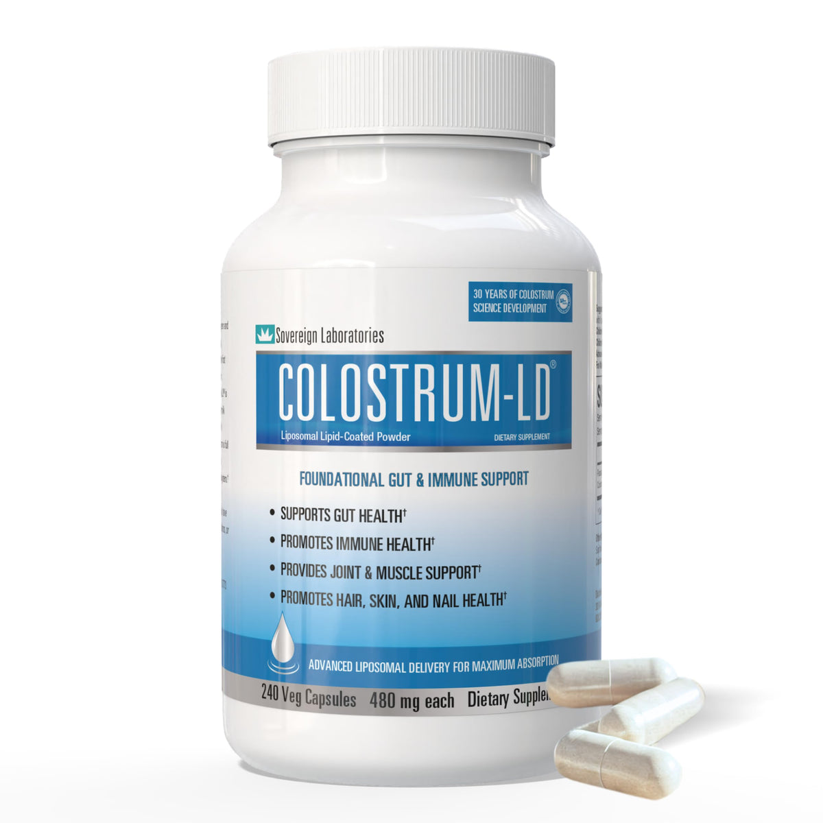 Colostrum-LD frasco frontal mostrando 240 cápsulas y etiqueta clara para almacenamiento seguro